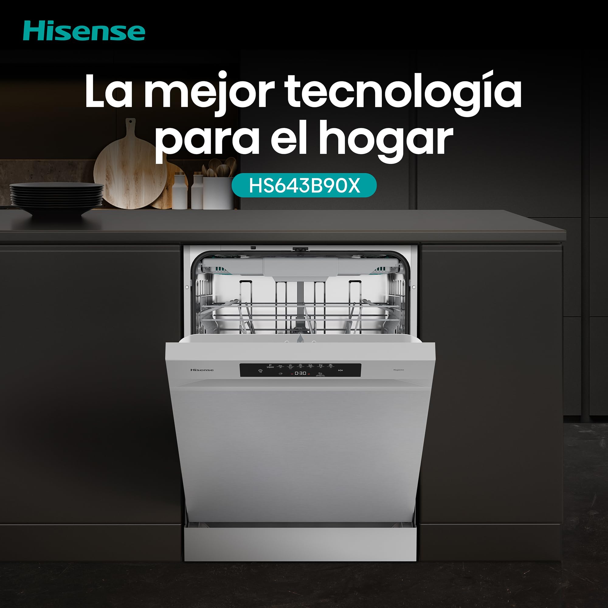 Hisense HS643B90X - Lavavajillas Clase B, 15 Servicios, Fondo 60cm, Secado Extra, Programa Automático, Tercera Bandeja, Programa Corto 1 hora, 15 Servicios, Aqua Protect System, Control Táctil, Inox