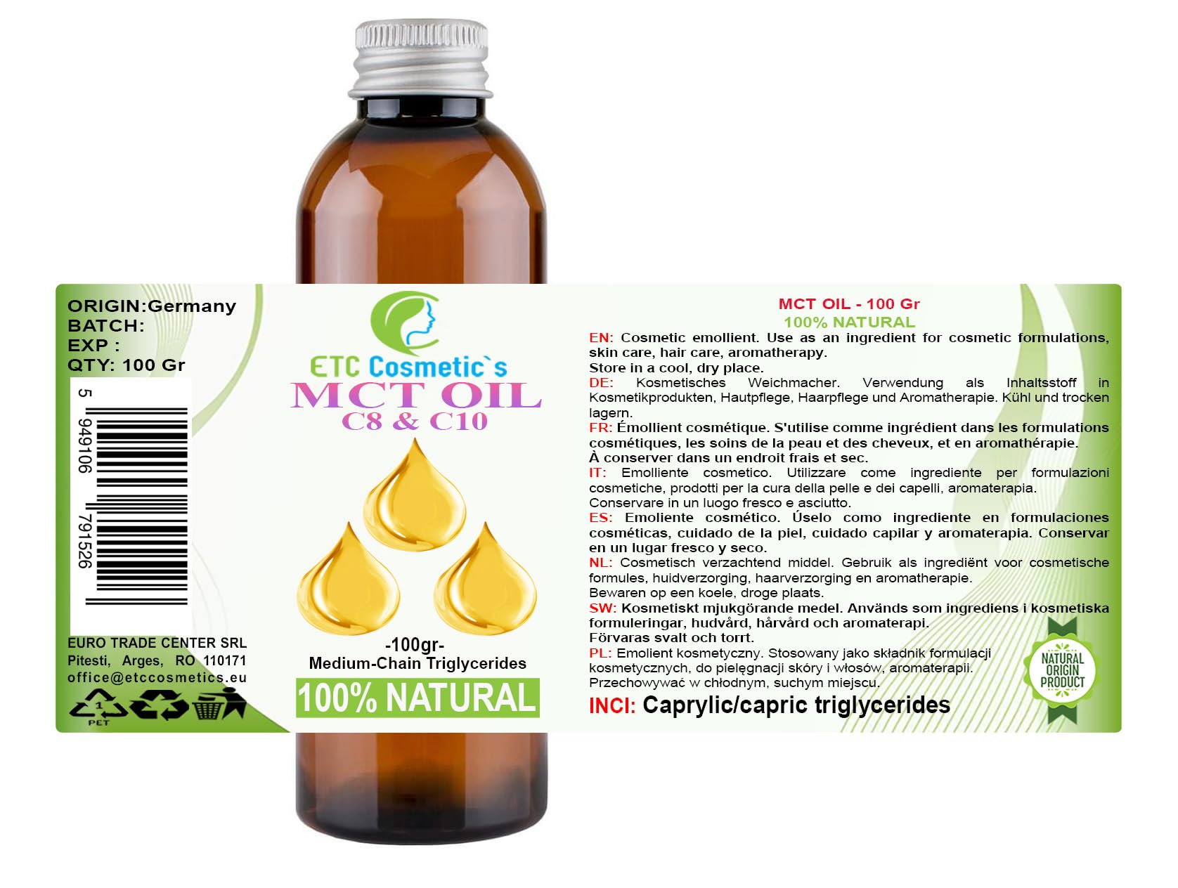 Aceite MCT - 100 g - Triglicéridos de cadena media C8 y C10 | Usos: bálsamos, cremas, productos para después del sol, aceites de playa, contorno de ojos, desmaquillantes, sérums