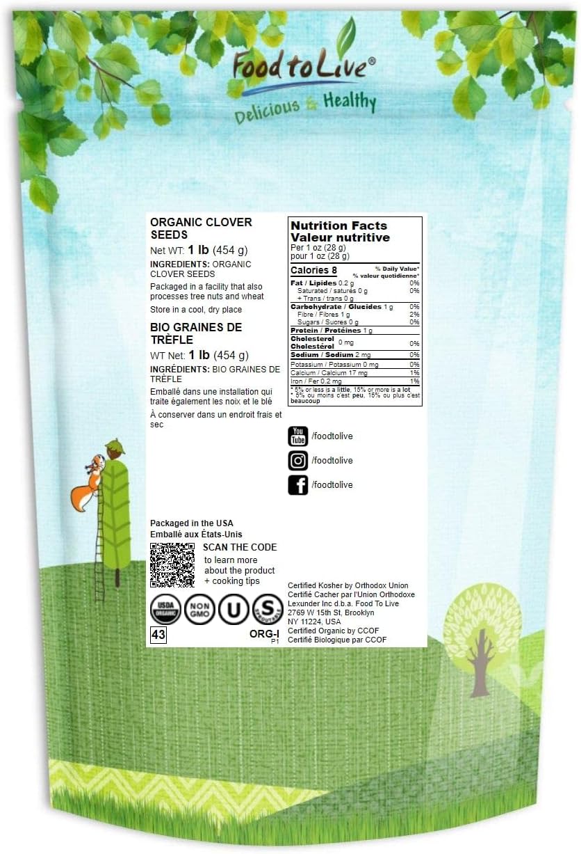 Food to Live Organic Clover Seeds for Sprouting, 1 Pound Non-GMO, Pure, Vegan, Kosher, Bulk. Edible Seeds. Rich in Vitamins, Minerals, Fiber. for Growing Sprouts, Microgreens. High Germitation Rate