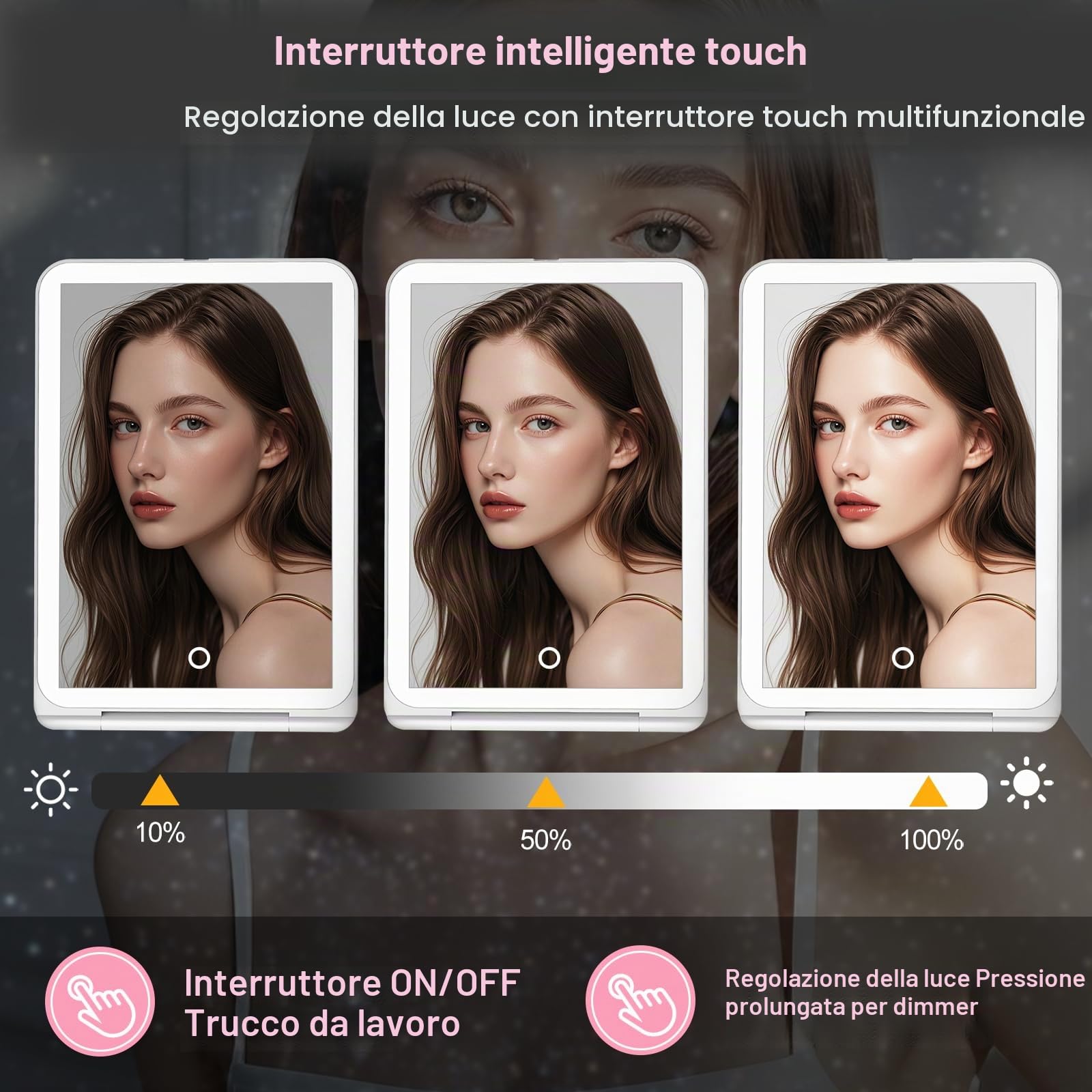 SURFOU Specchio Trucco con Luci LED Ricaricabile USB-C, Pieghevole e Portatile, 3 Tonalità di Luce Regolabile + 10X Ingranditore, Interruttore Tattile e Memoria, Compatto per Makeup Professionale, Via