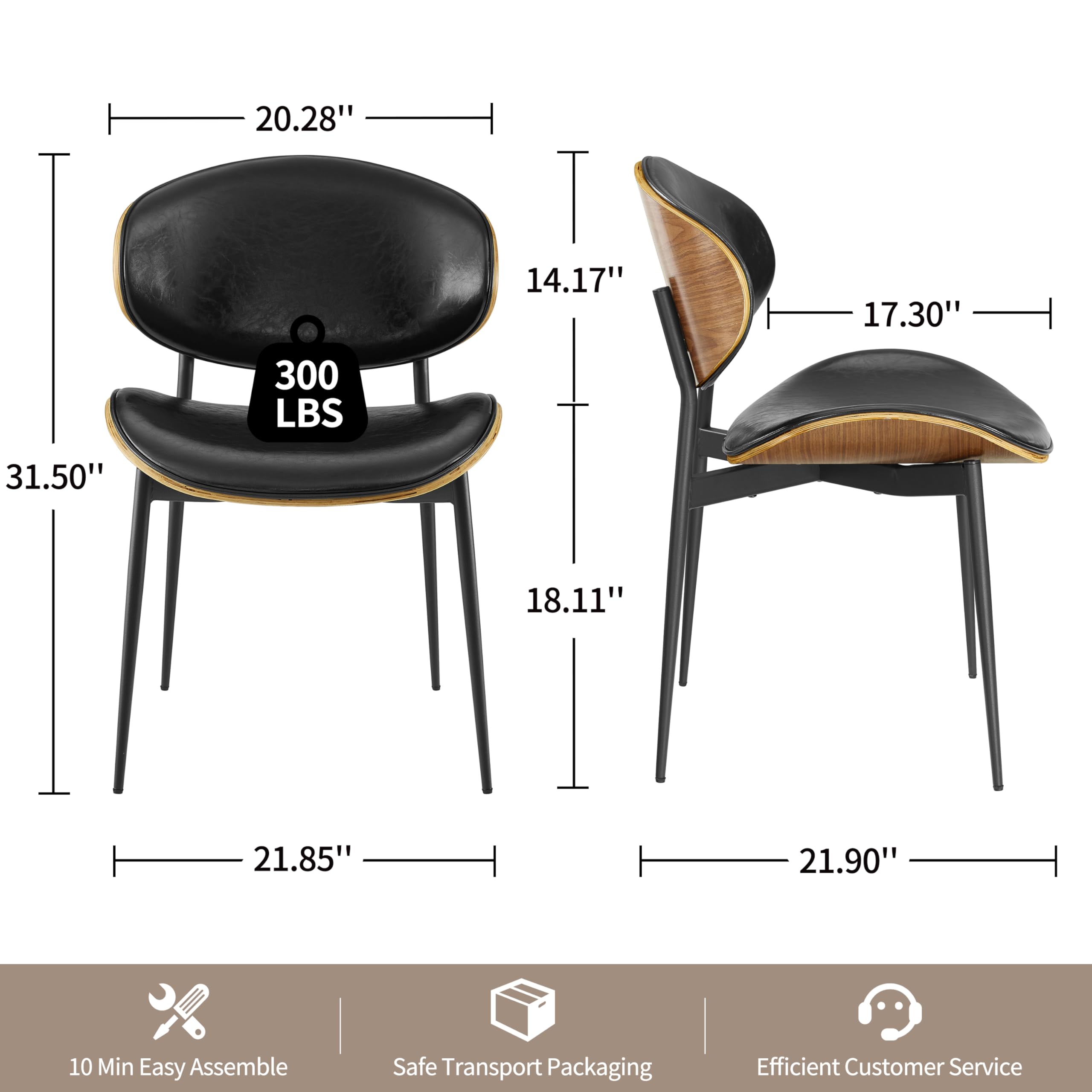 Condition photo showing Good Condition for art leon modern faux leather dining chairs, set of 2, mid century desk chair no wheels, armless accent chair with black metal legs, black/walnut