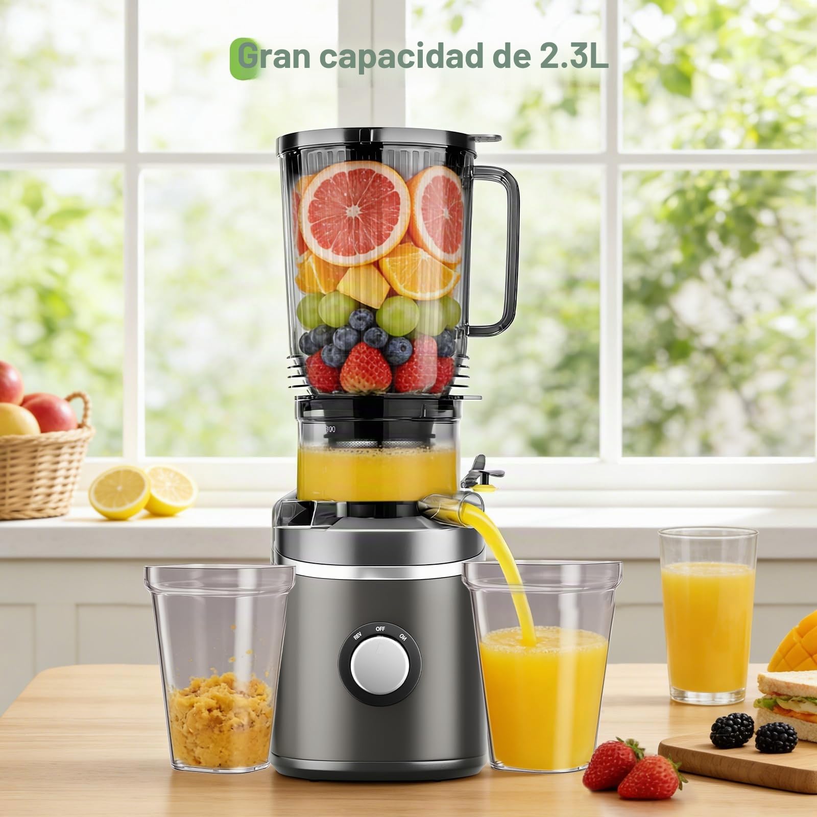 Exprimidor 250W 2,3 L prensado en frío, para frutas y verduras enteras, 65 RPM, eléctrico, con tolva de alimentación de 12 cm, Extractor de zumos y verduras