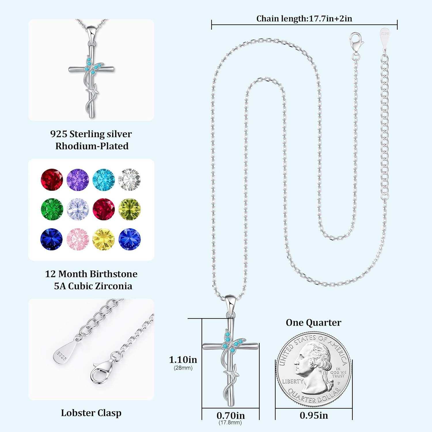 Distance Cross Birthstone Necklace for Women, 925 Sterling Silver Butterfly Cross Pendant, Birthstone Necklace Birthday Christmas Valentines Gifts for Her - Image 4