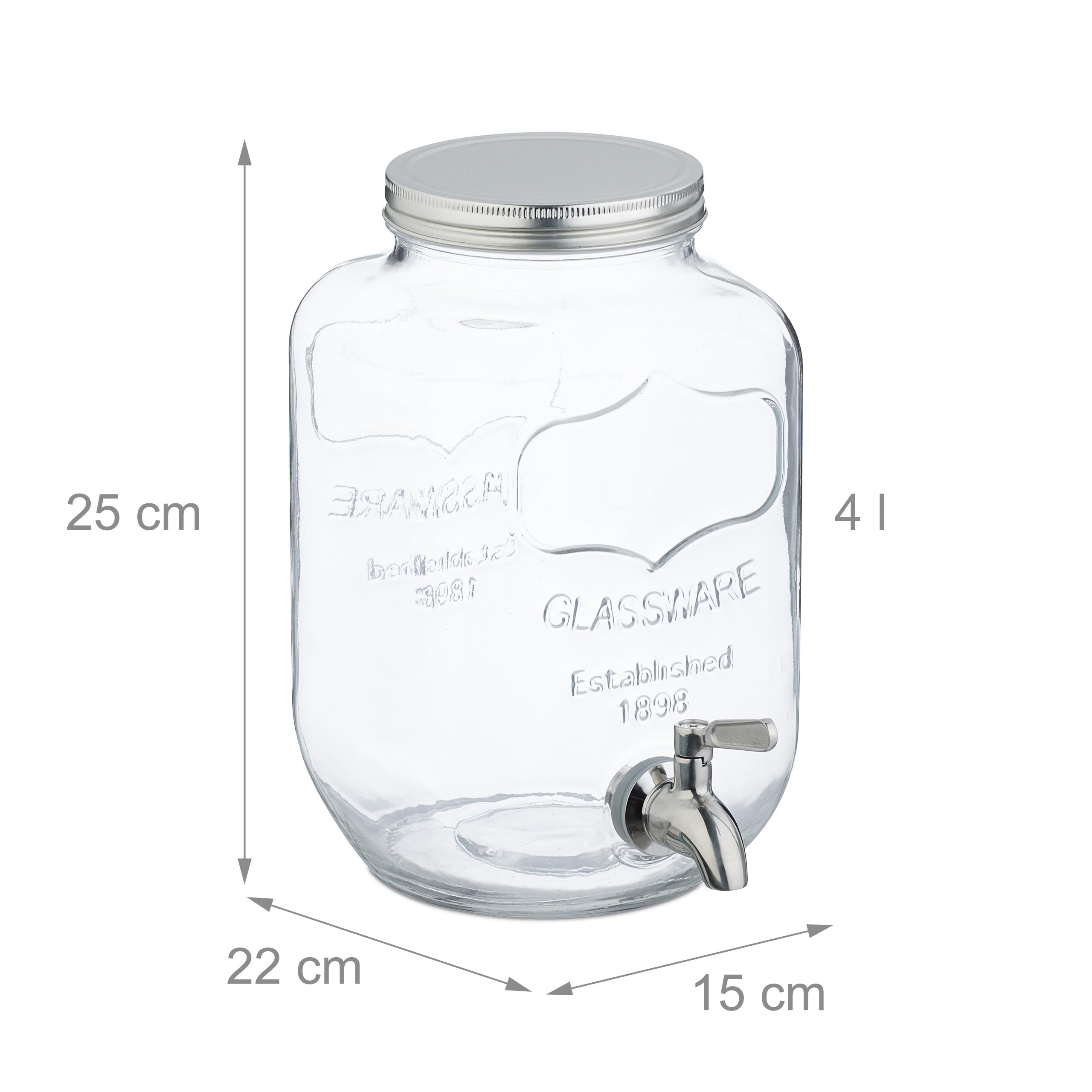 Relaxdays Getränkespender im 2er Set, Limobehälter 4L, Zapfhahn und Deckel, Wasserspender, Glas & Edelstahl, transparent