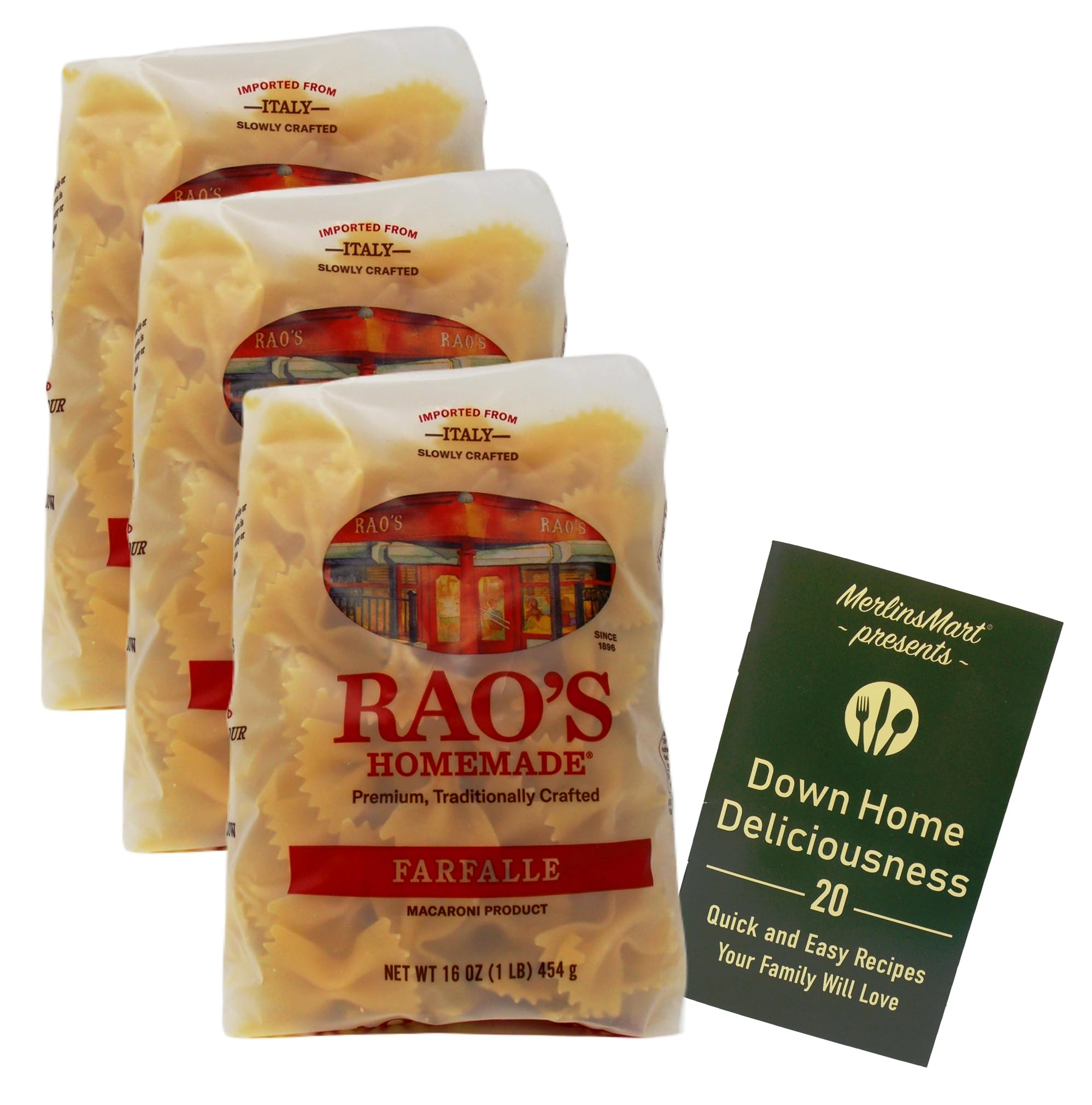 Rao's Homemade Imported Italian Pasta - Farfalle Bowtie - 3 Count (16 Ounces) - Plus Recipe Booklet Bundle