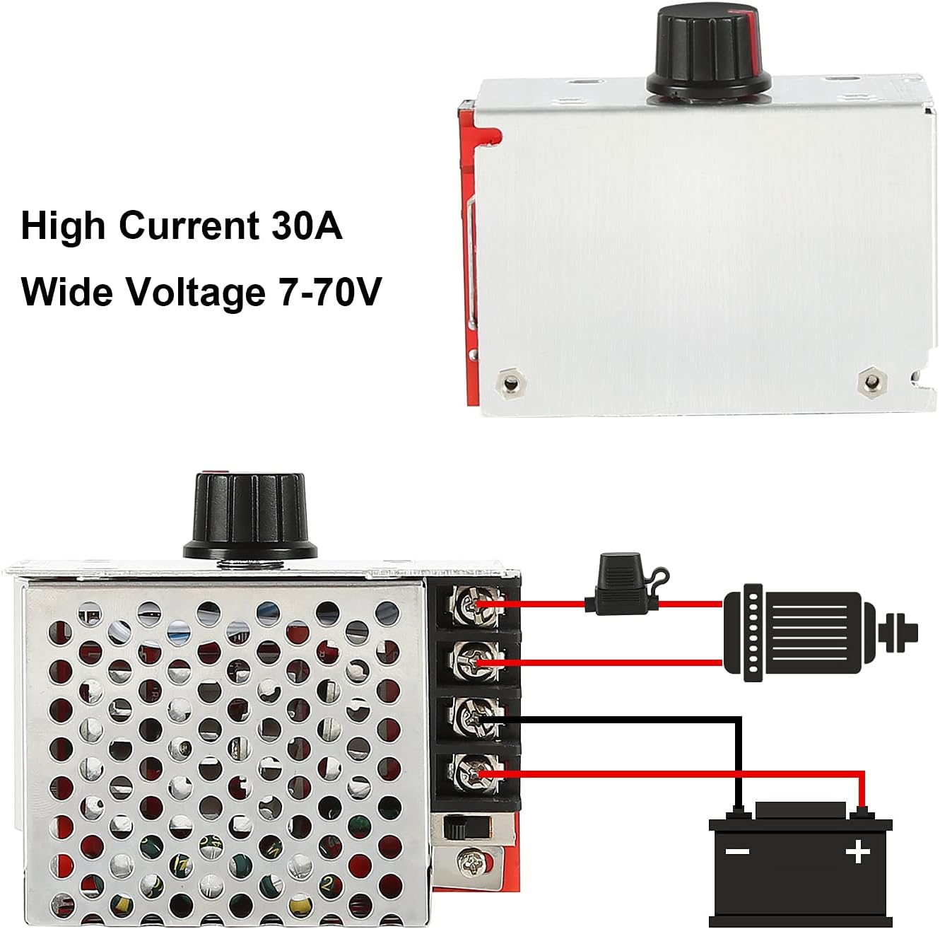 Ruzixt 7-70V 30A PWM DC Motor Speed Controller Switch Set with 30 Amp Fuse and Power Wheels Adapter Compatible with Dewalt 18V/20V Dock Power Connector 14 Gauge Robotics - - 