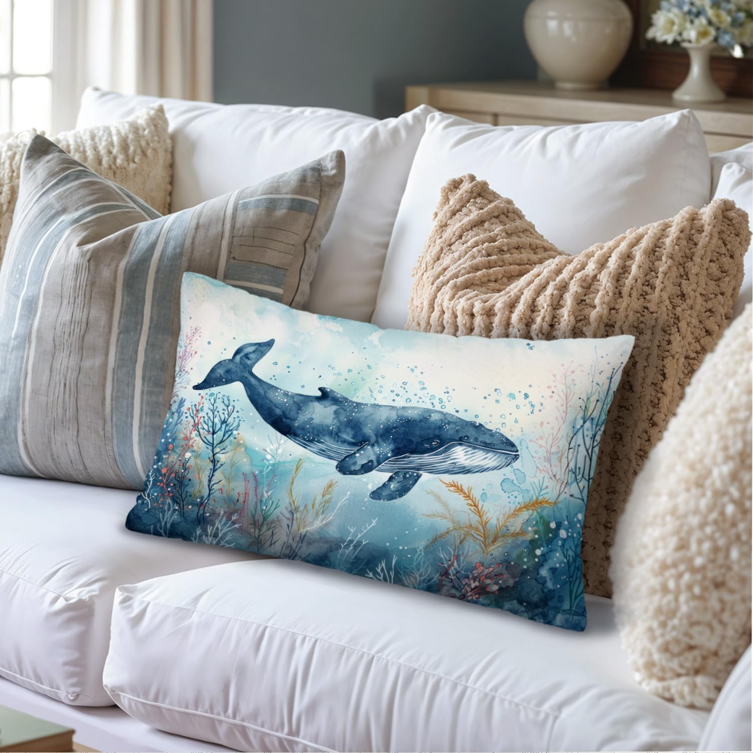 Coastal Beach Whale 12x20 Pillow Cover, Beach Room Decor, Nautical Ocean Sea Life Decorative Throw Pillow Covers Pillowcases Decorations for Home Bedroom Living Room Decor image 4