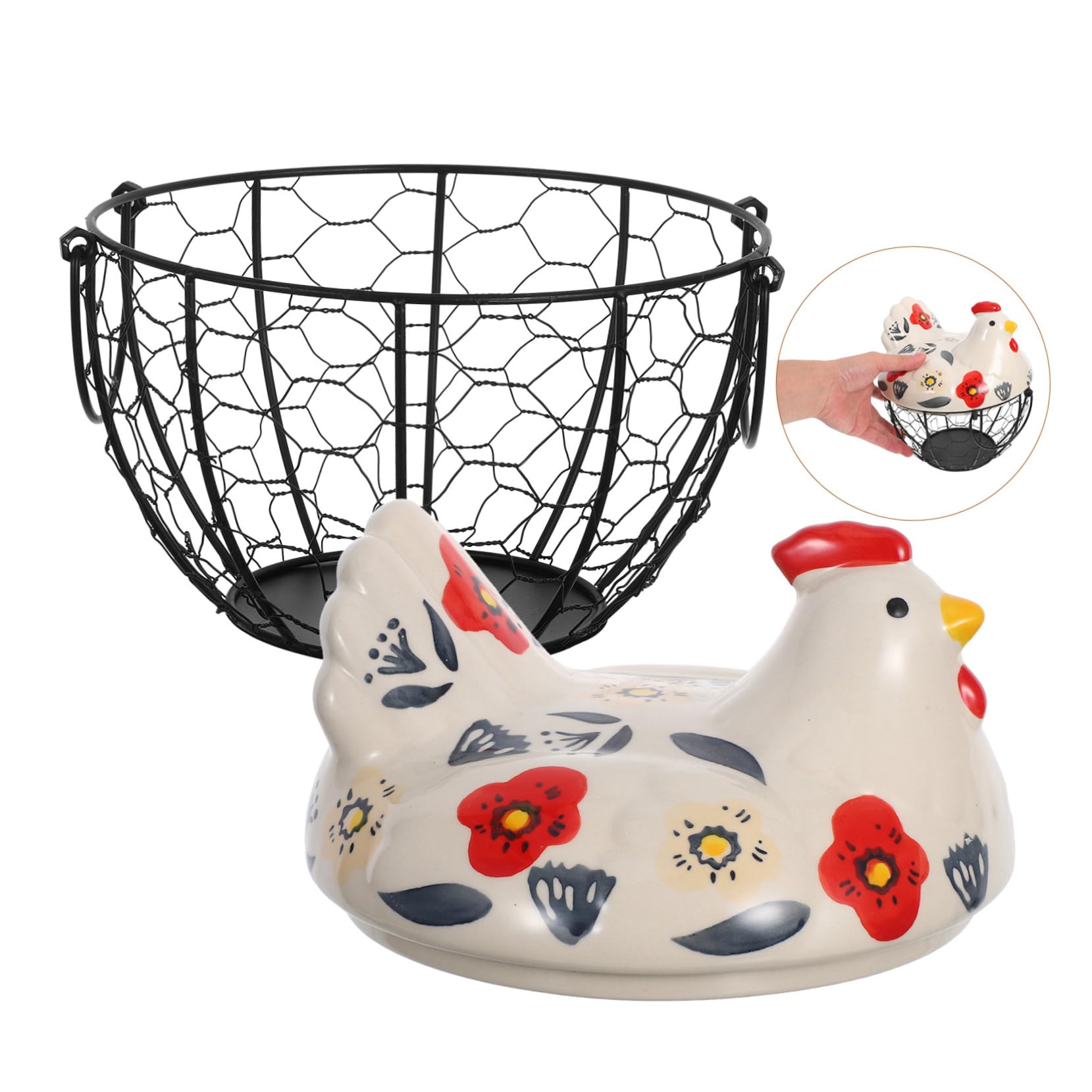 Ciieeo Metalowy Koszyk Jajka Ceramiczną Pokrywką Kształcie Kurczaka Dekoracyjny i Przenośny Pojemnik Świeże Jajka z Motywem Festiwalu Żniw Praktyczny Organizer Blaty Kuchenne