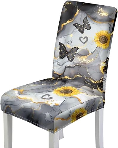 HUGS IDEA Butterfly Marble Texture Dining Chair Covers Set of 6 Stretch Kitchen Chair Covers Washable Dining Chairs Slipcovers Cubre Sillas para