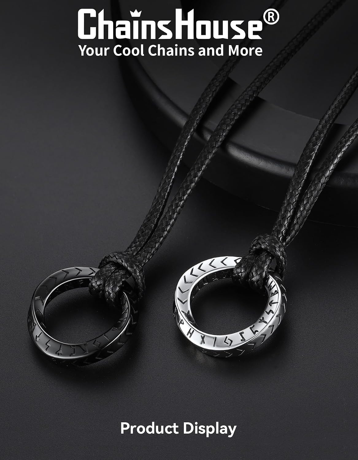 ChainsHouse Viking Rune Necklace for Men, Stainless Steel Norse Mobius Ring & Viking Circle Pendant, Nordic Mythology Protection Amulet with Adjustable Wax Cord with Gift Box
