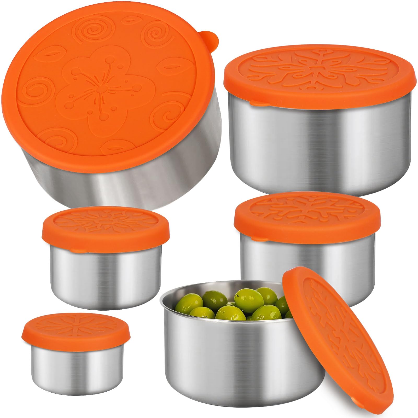 Greentainer Stainless Steel Snack Containers with Silicone Lid, Stackable Bento Snack Boxs for Sandwiches/Fruits/Candies, BPA Free, Food Storage Containers, 6 Pack, Orange