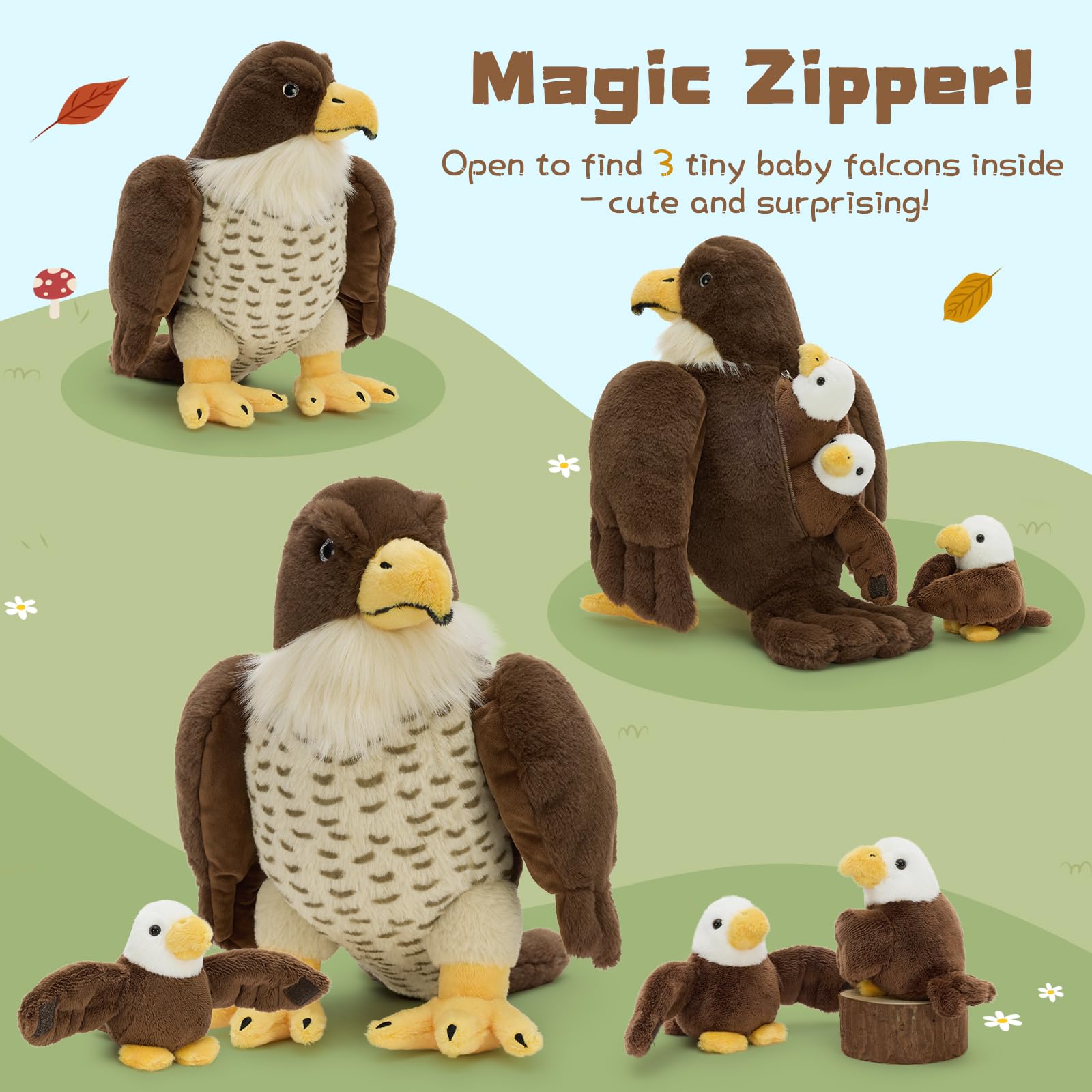 MorisMos Big Falcon Teddy Soft Toy, 35cm Mom Falcon with 3 Cuddly Baby Inside, Lifelike Eagle Stuffed Animal Plush Cuddly, Kawaii Presents for Kids Birthday Mother's Day Party Decorations - 4