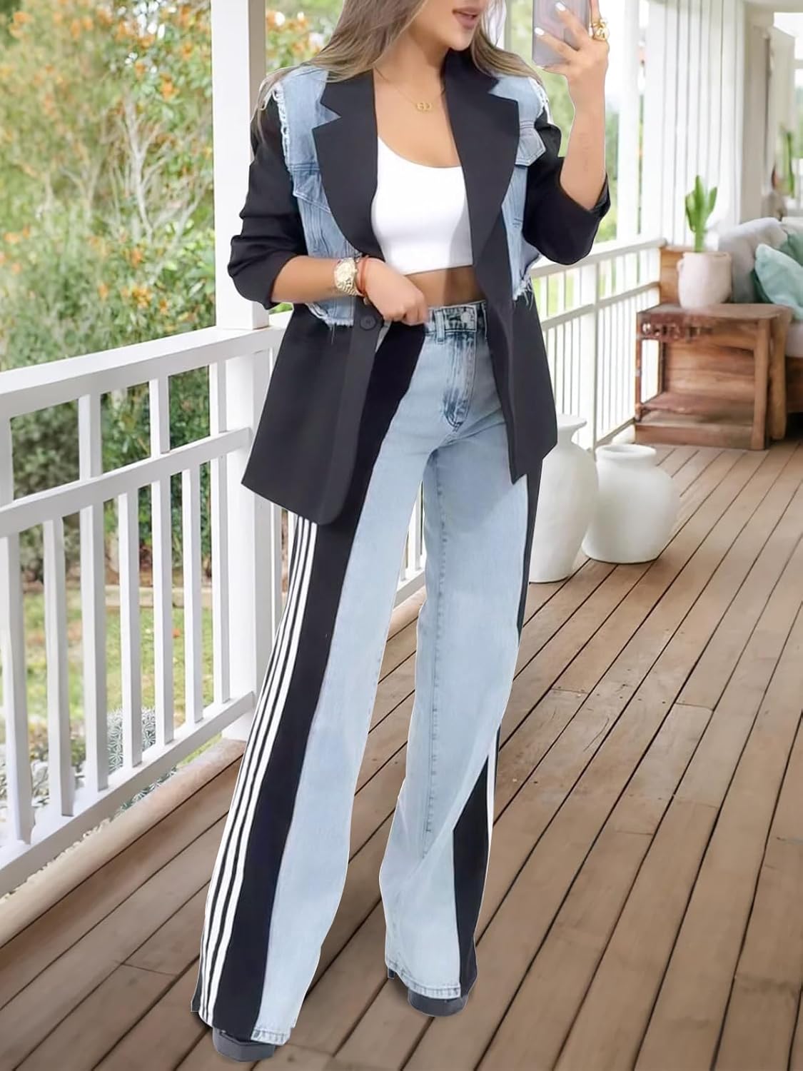 knowfashionstyle Womens Jeans High Waisted Wide Leg Patchwork Stripes Stretchy Jean Color Block Straight Trendy Demin Pants - Image 5