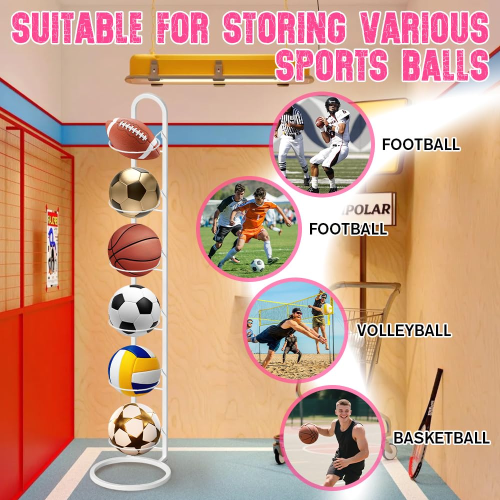 6 Strati Porta Palloni, Rastrelliera da Basket Verticale, Supporto per Palloni da Calcio, Scaffale di Stoccaggio Della Palla Rimovibile Scaffale di Stoccaggio di Attrezzature Sportive (Bianco)