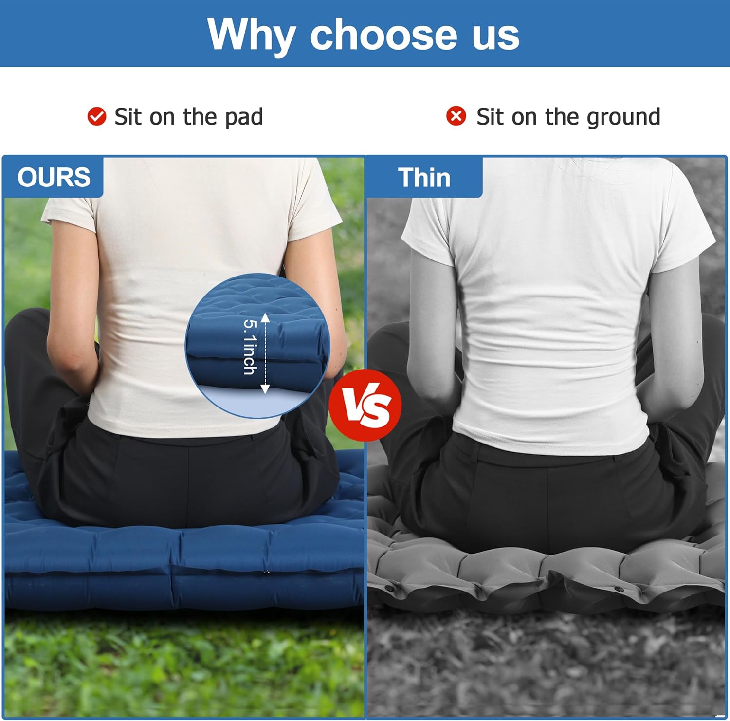 5.1" Thick Double Sleeping Pad with Foot Pump & Pillow, 77.5x53.9 2-Person Air Mattress for Camping, Ultralight & Compact for Backpacking, Hiking, Car Travel Navy Blue