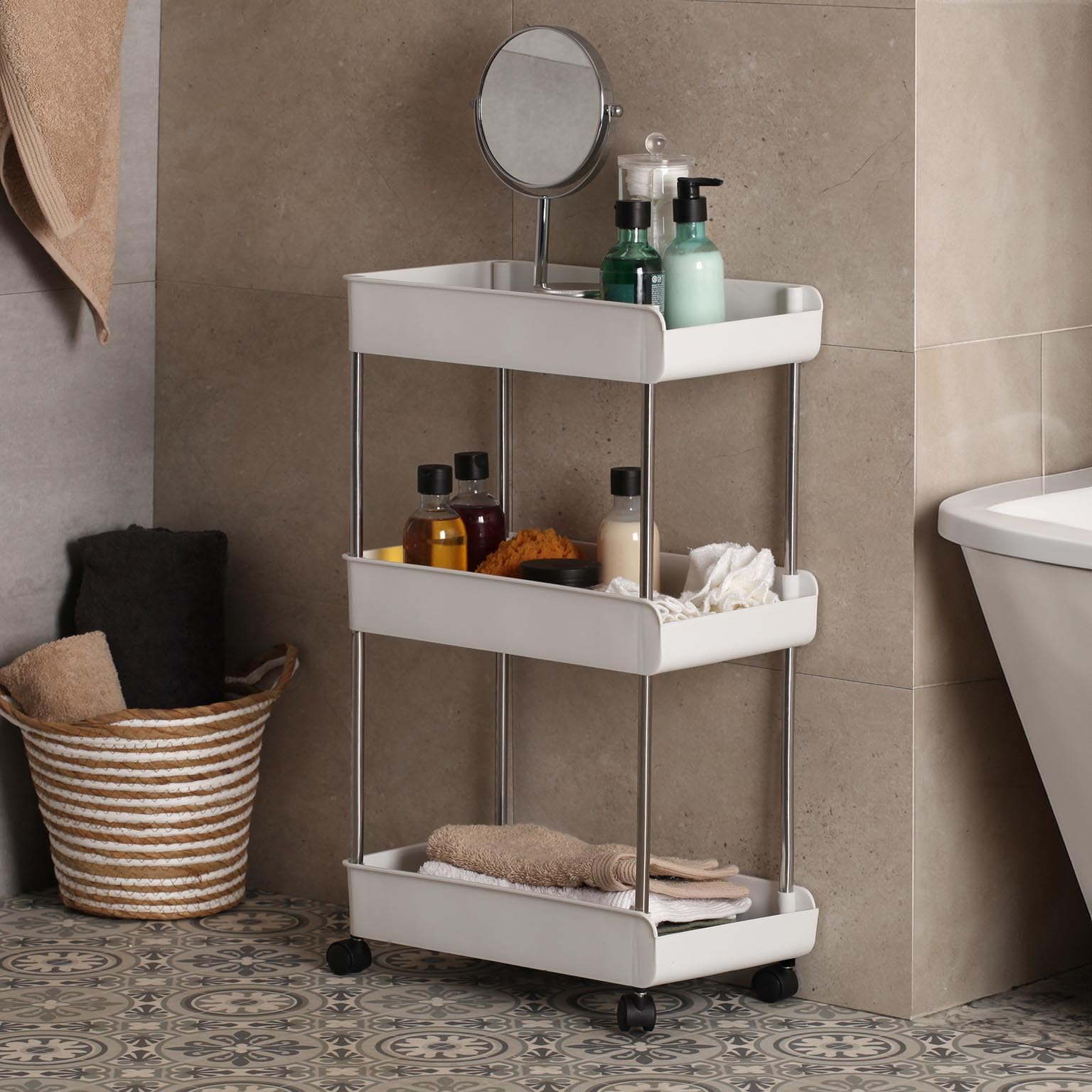Versa Zenith Meuble Auxiliaire pour Salle de Bain, Chariot de Rangement, avec 3 Étagères et Roulettes, Dimensions (Hauteur x Longueur x Largeur) 65 x 40,5 x 23, Plastique, Couleur Blanche