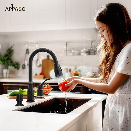 Vista 24 de APPASO Grifo de cocina de 3 agujeros con rociador desplegable de níquel cepillado, grifo de cocina de 3 piezas con dispensador de jabón y mango