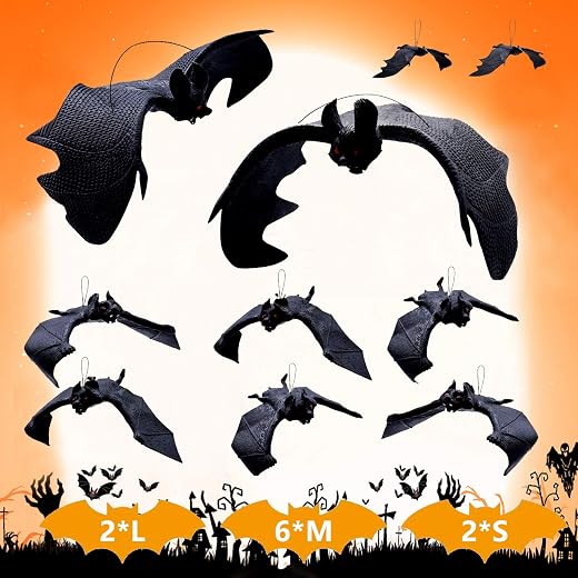 Halloween Hanging Bats Decorations, 10 pcs Creepy Flying Rubber Bats Decor for Outdoor & Indoor, Realistic Looking Spooky Bats for Halloween Party Supplies Prank Toy Haunted House Decoration