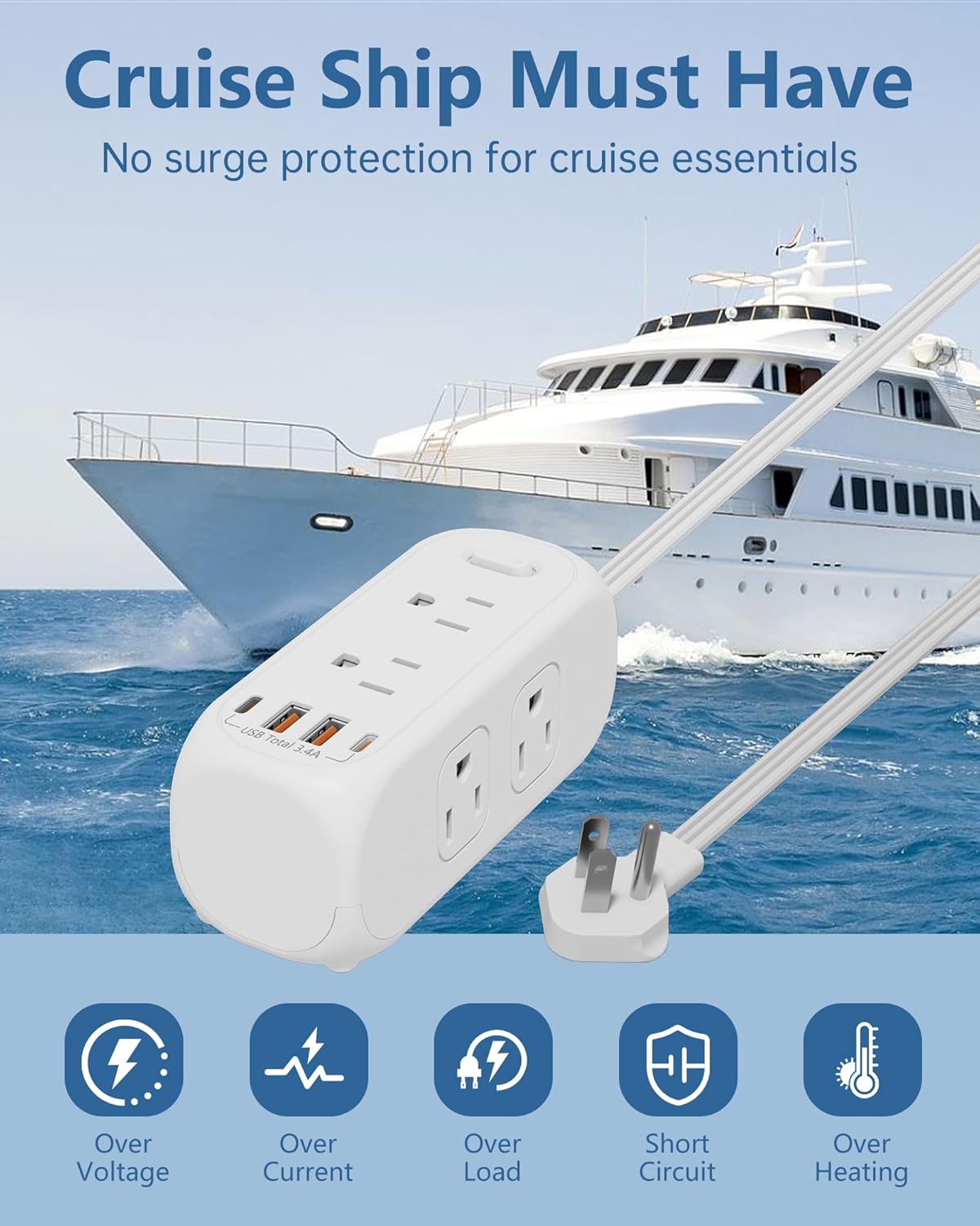 5Ft Extension Cord with Multiple Outlets, Flat Plug Power Strip Surge Protector with5 Ft Long Cord,6 Outlet 4 USB Ports, Multi Outlet for Travel, College, Dorm Room Essentials，Gift a USB Night Light.
