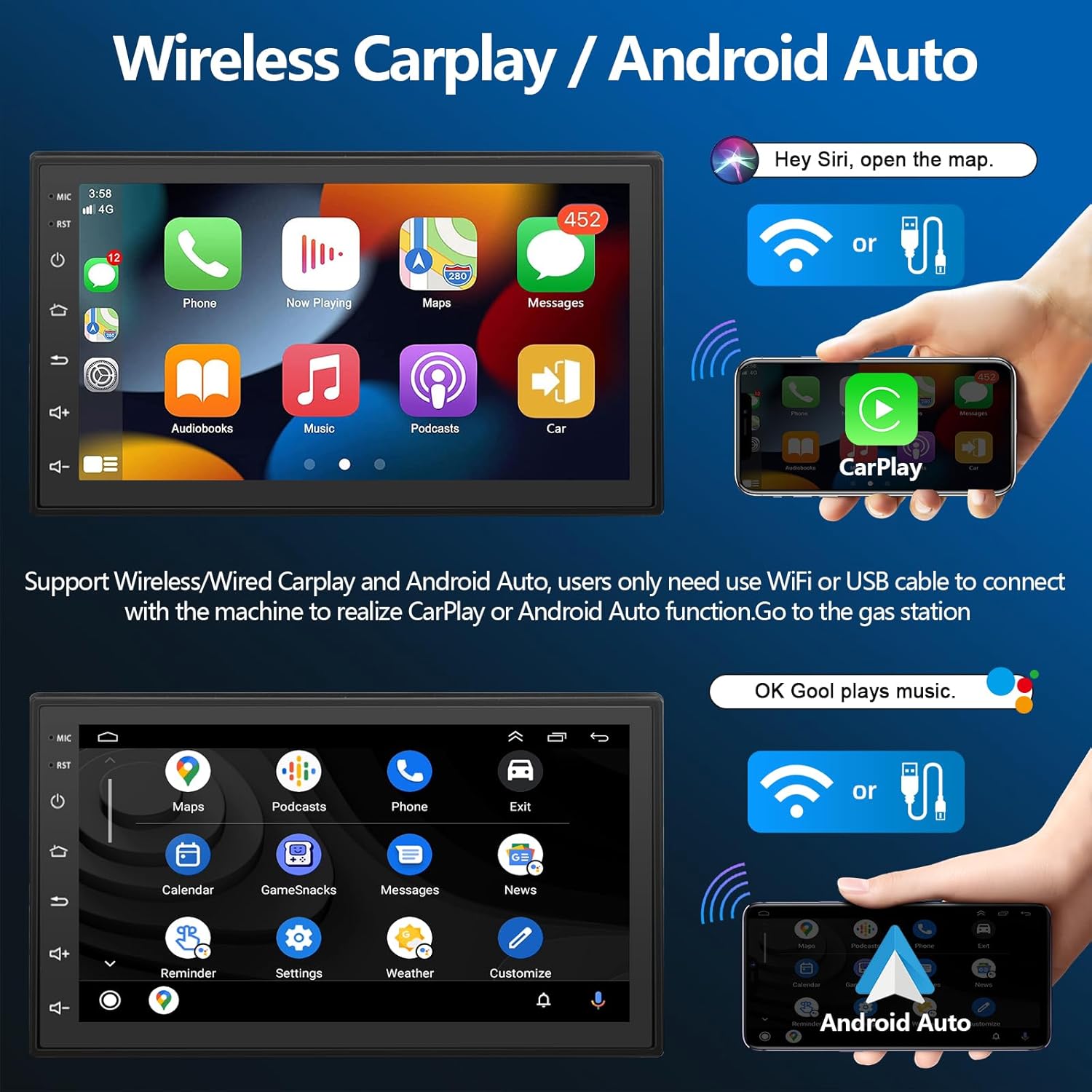 Screenshots demonstrating Wireless Carplay and Android Auto interfaces with voice command examples