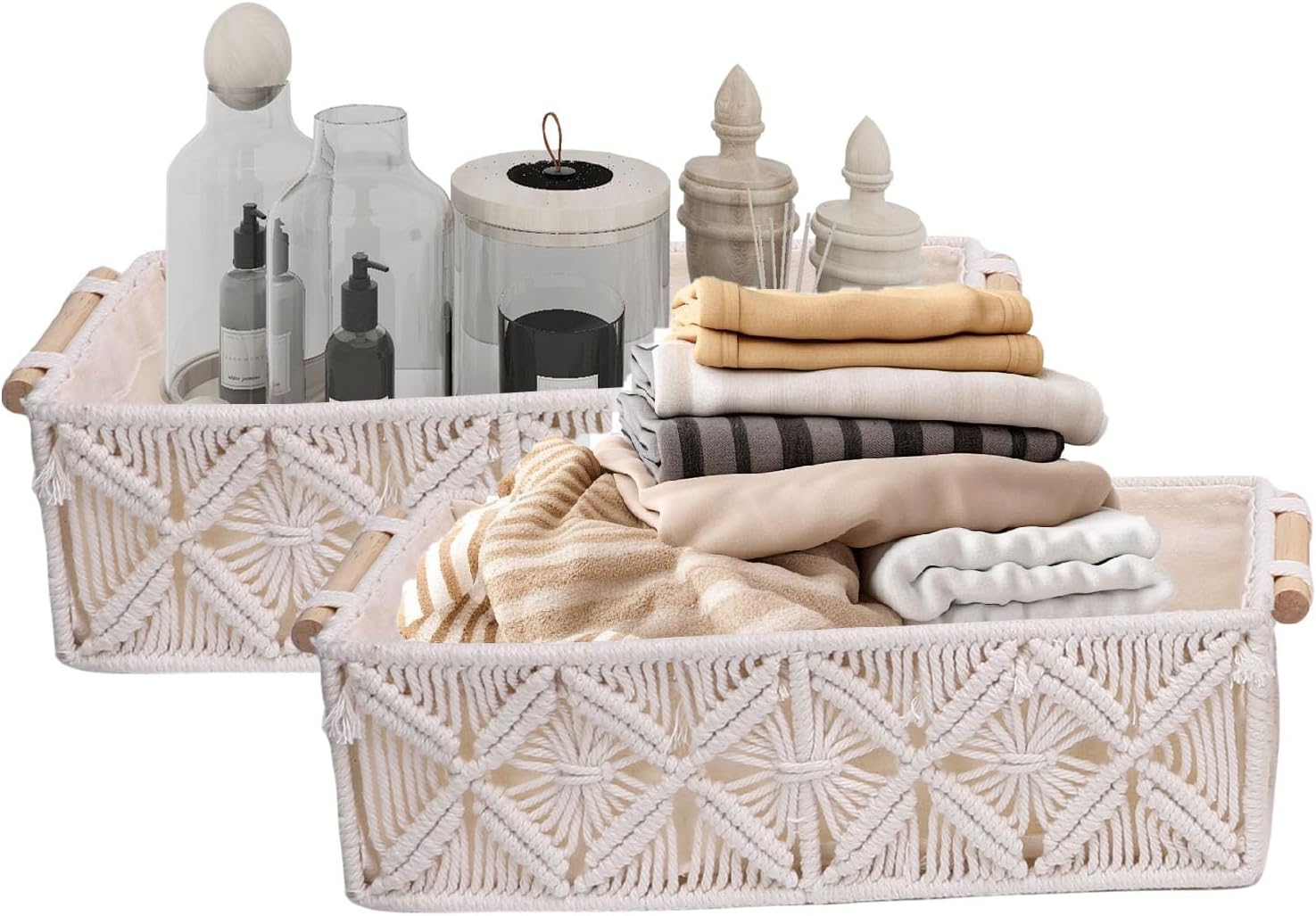 Brrnoo 2pcs Storage Baskets, Hand Woven Cotton Rope with Handles Bohemian Decorative Storage Bin for Towels Toiletries Magazines Remote Control