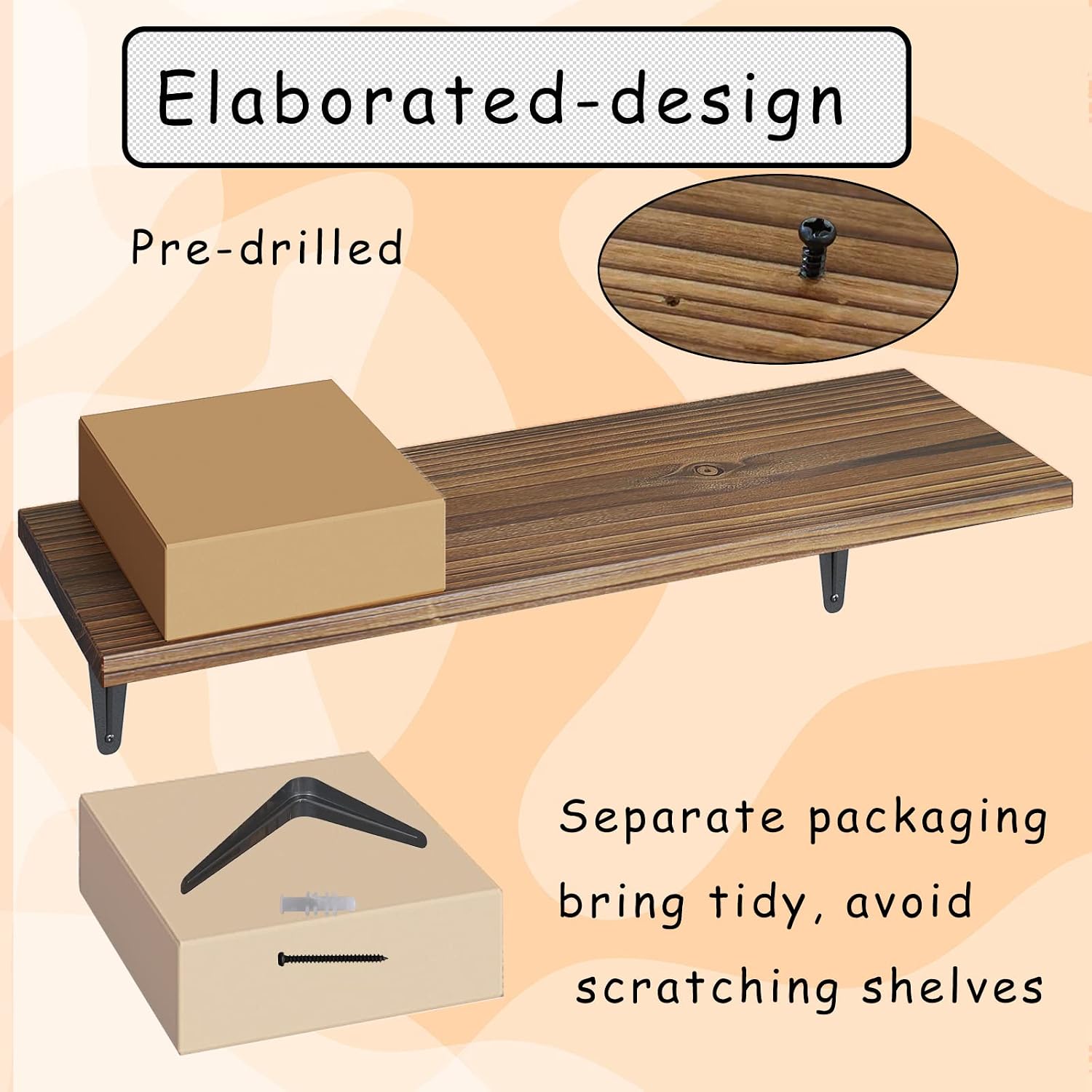 BAMEOS Floating Shelves, Rustic Wood Wall Storage Shelves, Wall Mounted Shelf Organizer Set of 3 for Living Room, Bedroom, Kitchen, Bathroom, Office (Carbonized Brown)