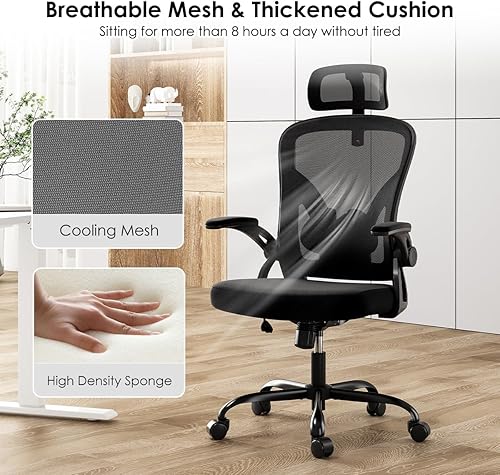 Miniatura 7 de Silla de oficina ergonómica, silla de escritorio con reposacabezas y soporte lumbar ajustable, cómodas sillas de juegos de malla con reposabrazos