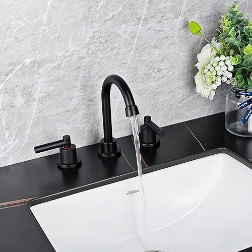 Miniatura 2 de Grifo de baño de 3 agujeros, 8 pulgadas, grifo de lavabo de baño negro con desagüe desplegable y mangueras de suministro, llaves para lavamanos de