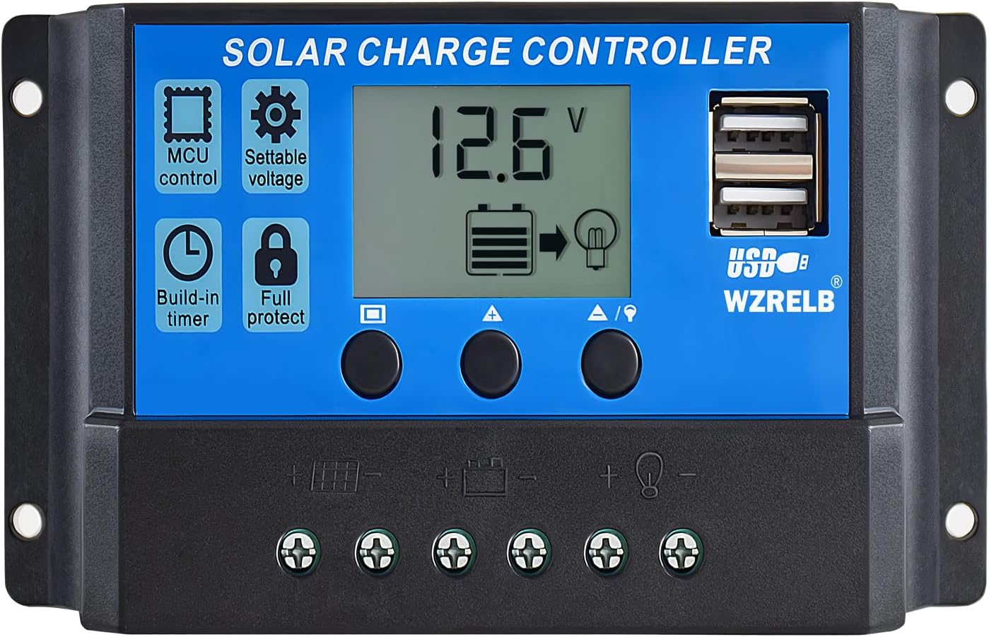 WZRELB 10A PWM Photo voltaic Charger Controller 12/24V Auto,Photo voltaic Panel Battery Clever Regulator with LCD Show, Twin USB Ports 5V/2A,Paremeter Adjustable for Lead Acid Batteries