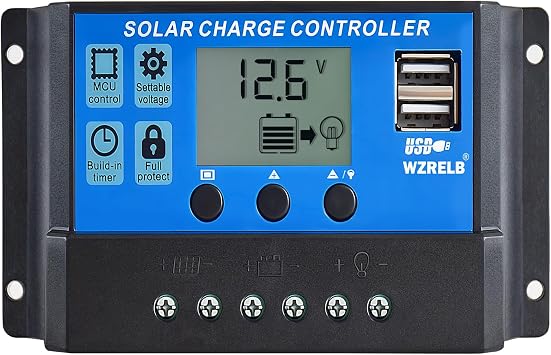 WZRELB 10A PWM Solar Charger Controller 12/24V Auto,Solar Panel Battery Intelligent Regulator with LCD Display, Dual USB Ports 5V/2A,Paremeter Adjustable for Lead Acid Batteries
