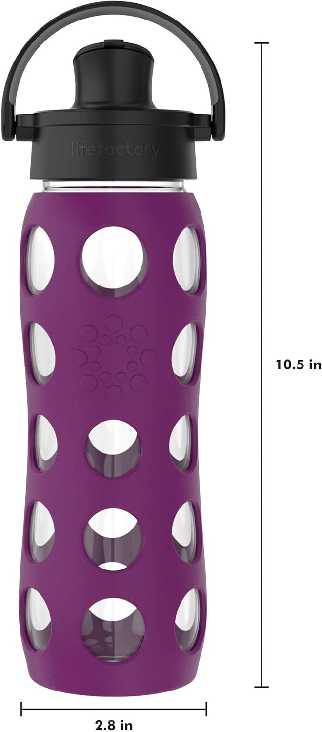 Lifefactory 22-Ounce Glass Water Bottle with Active Flip Cap and Protective Silicone Sleeve, Plum