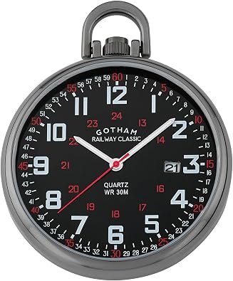 Gotham Mens Gun-Plated Stainless Steel Analog Quartz Date Railroad Style Pocket Watch # GWC14107BBK