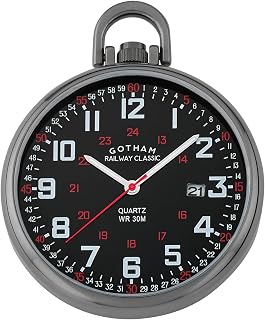 Men's Gun-Plated Stainless Steel Analog Quartz Date Railroad Style Pocket Watch # GWC14107BBK
