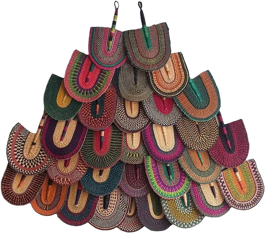 Hand-woven In Ghana African Handheld Bolga Fan, Wall Art Decor, with Leather Handles Men & Women Size: 17"-20" Tall