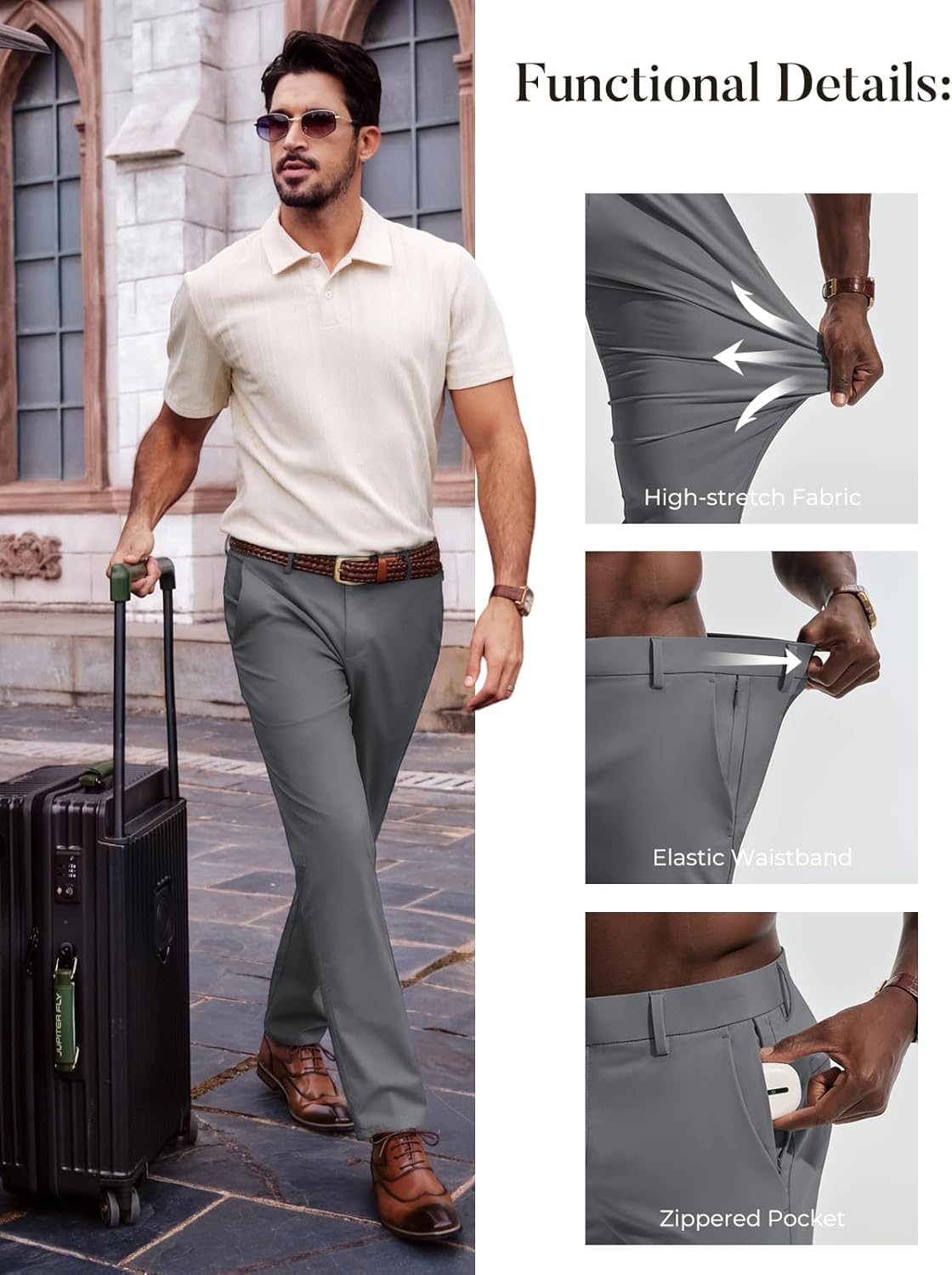 PJ PAUL JONES Mens Dress Pants 4-Way Stretch Tapered Trousers Extended Waist Dress Pant Casual Golf Pants