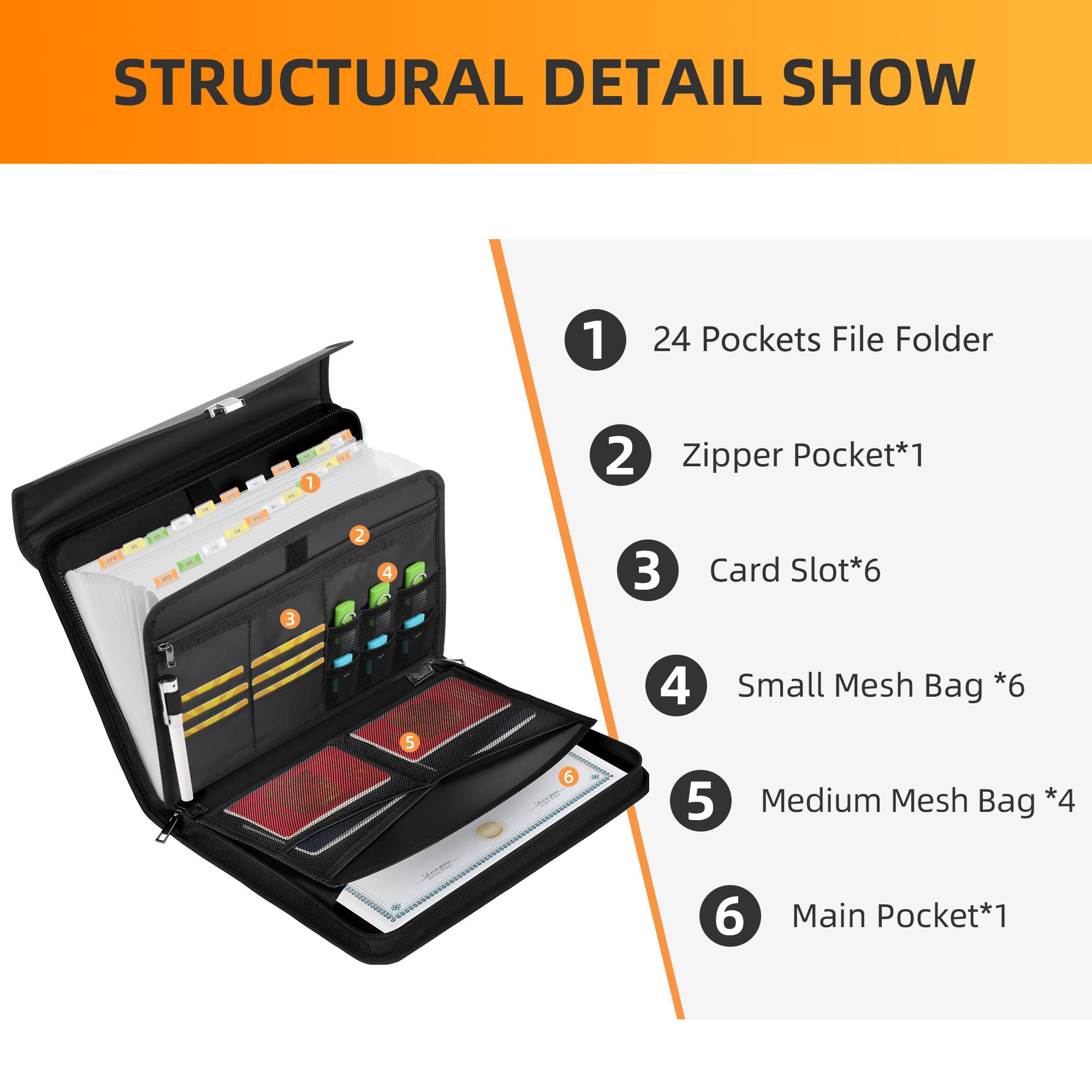 Hontom Accordion File Organizer,24 Pockets Fireproof Expanding File Folder with Multi Pockets,Portable Business Fireproof Storage Document Organizer Folder with Snap Closure for Documents and File