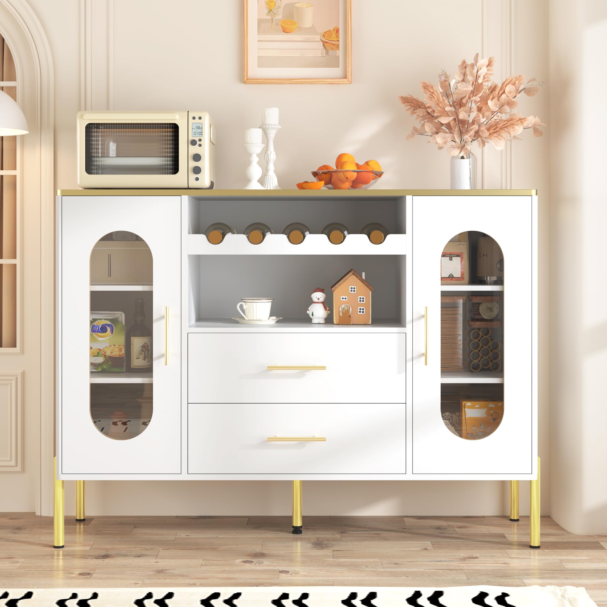Credenza 120 cm Con Ripiani Interni Regolabili, Ante In Vetro E Cassetti, Buffet Con Portabottiglie Integrato, Mobile Elegante Per Soggiorno Ed Esszimmer