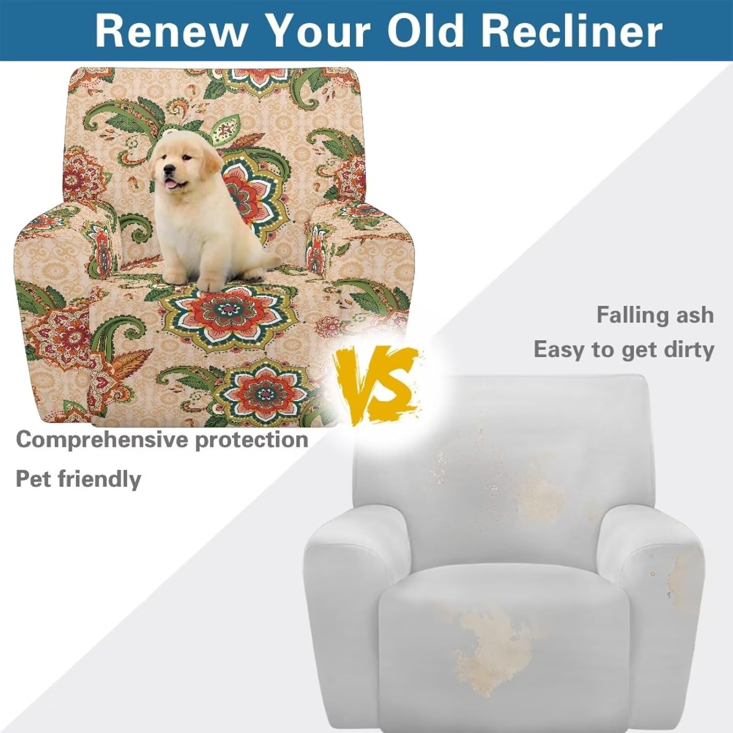Mandala Flowers Recliner Stretch Sofa Slipcover Waterproof Recliner Chair Cover 4-Pieces Furniture Protector for Pet Kids Living Room