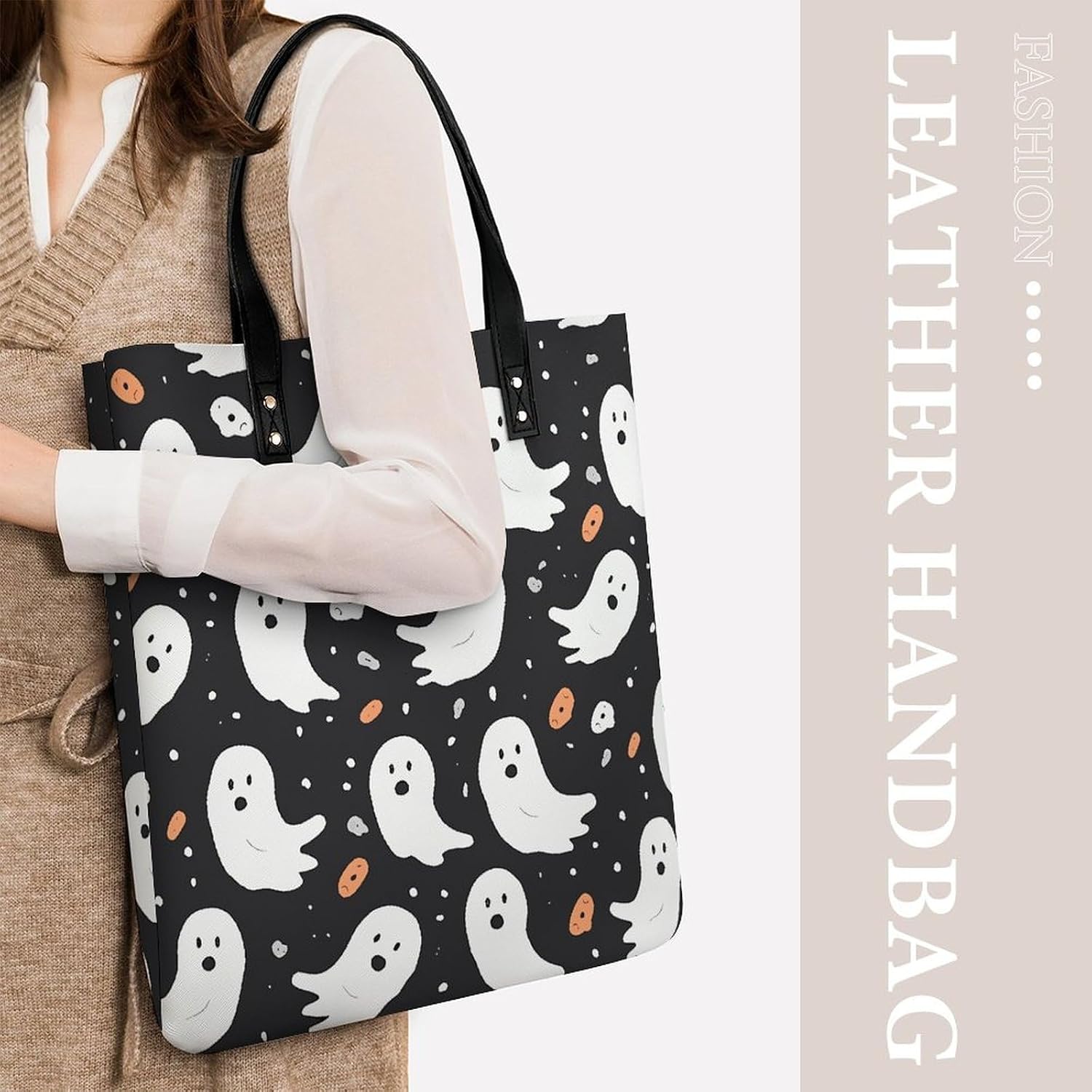 Cute Ghost Halloween Pattern Handbags Large Capacity, Tote Bag Stylish Slouchy, Shoulder Bags for Work Beach Travel And Shopping Grocery.