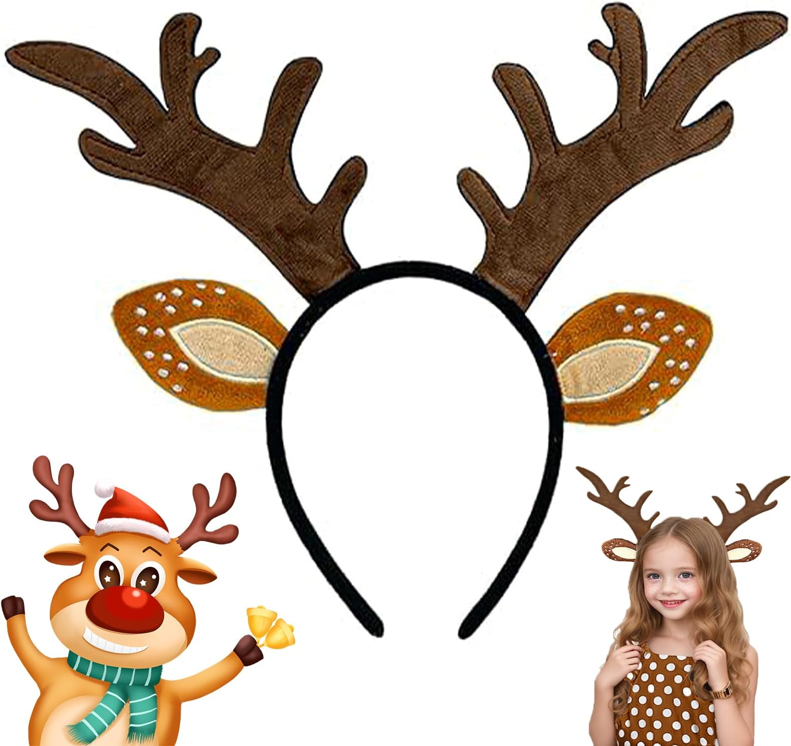 Cute Christmas Deer Antler Headband for Adults & Kids - Realistic Dark Brown Antlers