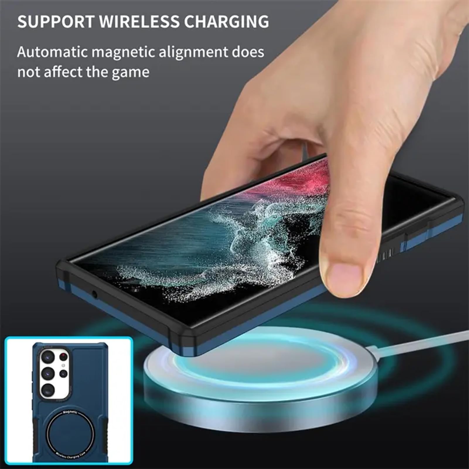 LXURY Magnetyczne etui do Samsung Galaxy S24 Ultra/S24 Plus/S24, odporne na wstrząsy etui na telefon klasy wojskowej, obsługuje bezprzewodowe ładowanie obiektywu, niebieskie, S24 Ultra