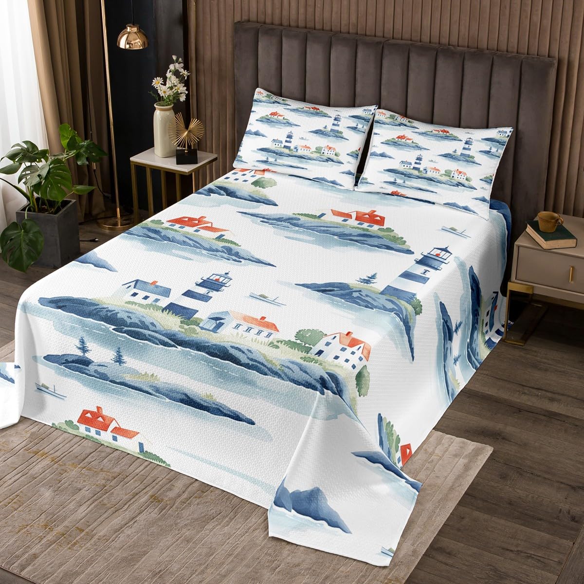 Set di biancheria da letto con copriletto trapuntato con faro nautico e città sul mare, per bambini, adolescenti, adulti, stile retrò, set di biancheria da letto, set da 2 pezzi