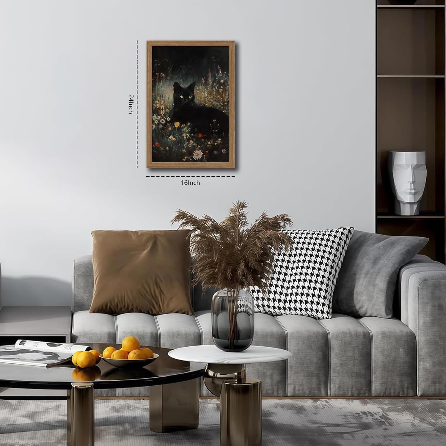 framed vintage black cat canvas wall art, gothic dark academia cat pictures wall decor, moody floral animal paintings prints cottagecore home decor for living room bedroom 16x24in wildflower cat 16x24 inches