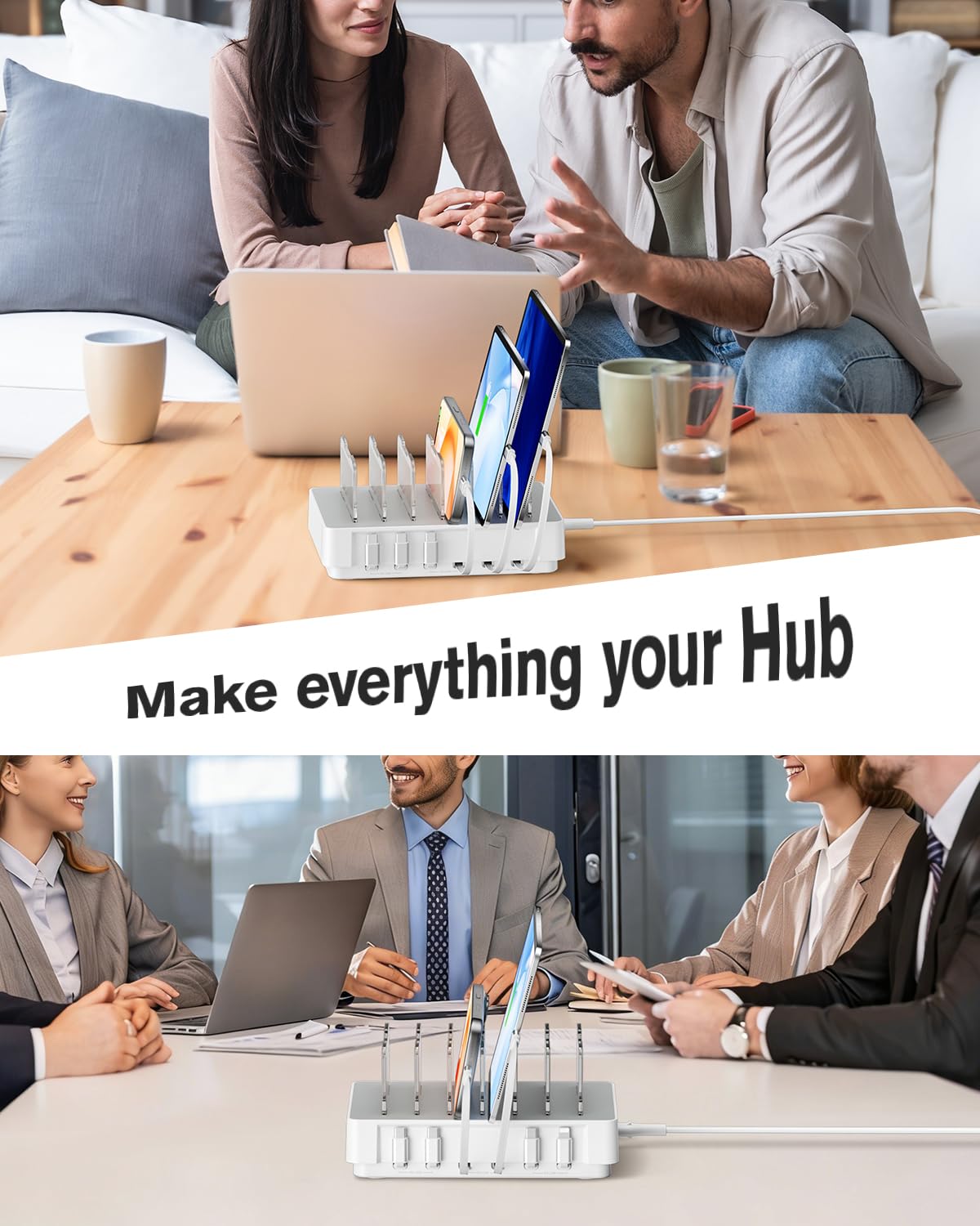 SooPii HomeHub H1, stazione di ricarica da 60 W per più dispositivi con 4 cavi magnetici retrattili da C a C e 2 da C a iP, organizer per caricabatterie per iPhone 17/16, tablet, Samsung, AirPods e