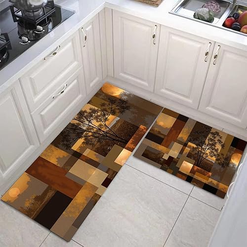 Miniatura 3 de Retro Sunset Forest Kitchen Mats, Abstract Geometry Kitchen Rugs Set of 2, Rust Brown Washable Floor Carpet, Xmas Decor Mats for Hallways Bathroom