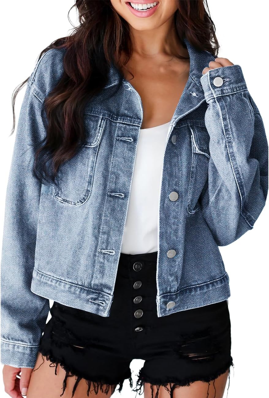 Ecosunny Womens Casual Long Sleeve Button Down Shirt Jacket Checkered Patchwork Denim Jacket Lightweight Coat Tops