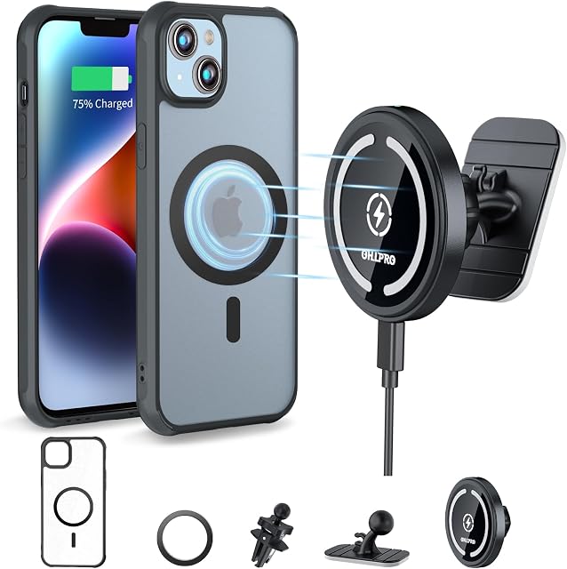 OHLPRO [2 in 1 Design for Magsafe iPhone 14 Case 6.1'', Ultra Slim Translucent Matte Shockproof Magnetic Phone Case with Wireless Magsafe Car Charger Mount, Dashboard Air Vent Phone Holder Mount