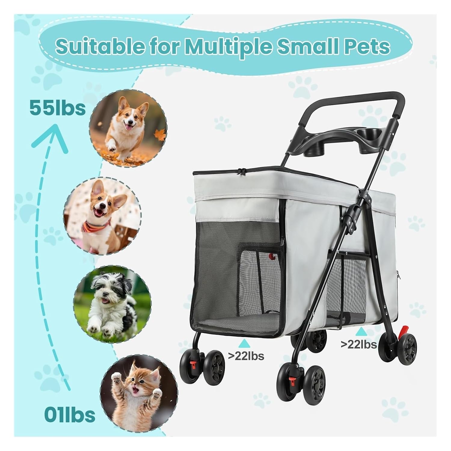 4 Wheel Dog Cat Pet Stroller, One-Button Fold, Adjustable Mesh Windows & Shades, for up to 20–55 lbs Medium Small Dogs Cats(Pink)