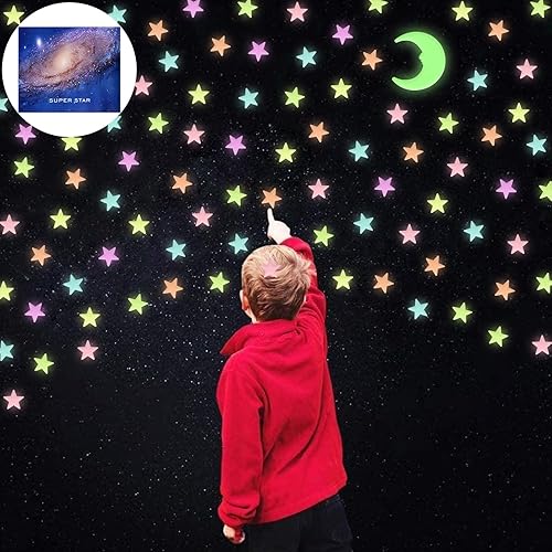 Miniatura 10 de Calcomanías de estrellas que brillan en la oscuridad, 100 estrellas para techo, estrellas brillantes 3D con luna, estrellas adhesivas que brillan en