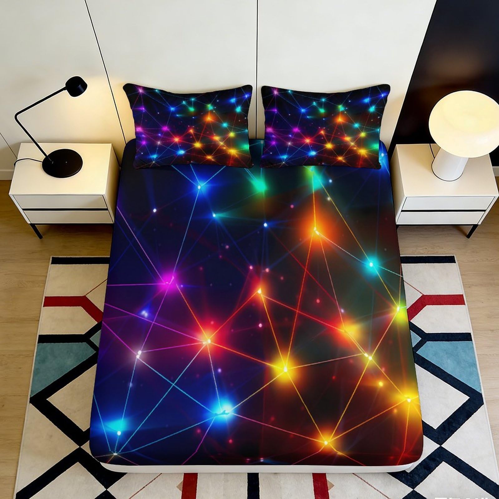 Pnayamiorkfel Style-10 3D Printed Neon Network Fitted Sheet Microfiber Soft Breathable Colorful Geometric Mattress Cover Bedroom Decor 90X200x25cm